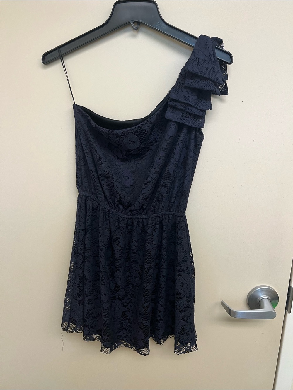 Zara One-Shoulder Navy Lace Ruffle Dress